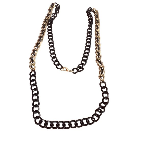 Long Black & Gold Tone Chain Link Necklace Lobster Clasp Double Layer 38" - Picture 1 of 4